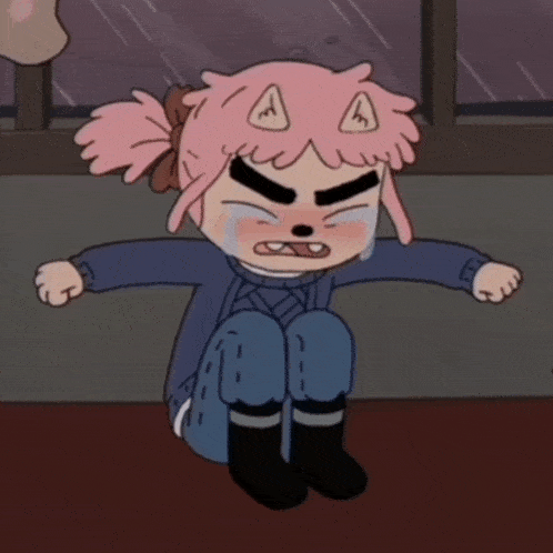a cartoon character with pink hair is crying and has the letter a on her head