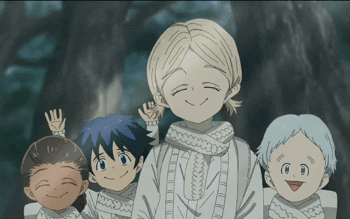 a group of anime characters are posing for a picture and smiling