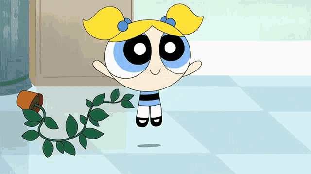 bubbles from the powerpuff girls is standing next to a rose