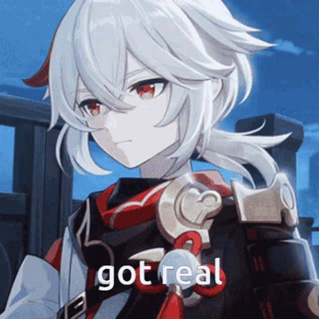 a close up of a anime character with the words got real written on it