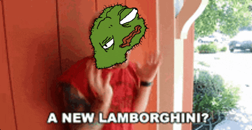 a cartoon of a man with a green face and the words " a new lamborghini " on the bottom