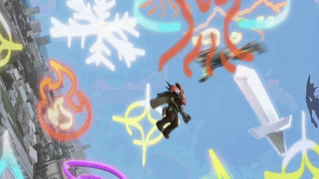 a cartoon character is flying through the air surrounded by colorful symbols including a snowflake
