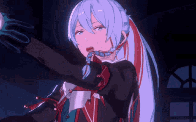 a girl with long white hair is wearing a choker and gloves