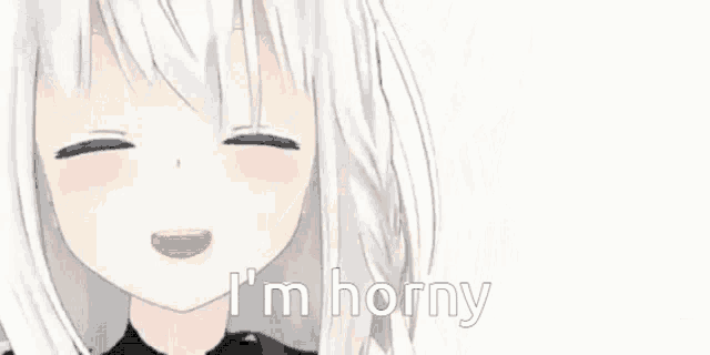 a 3d anime girl with white hair is smiling and saying `` i 'm horny '' with her eyes closed .
