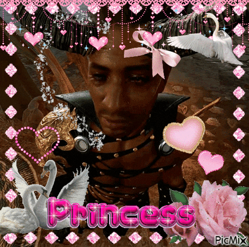 a picture of a man surrounded by pink hearts and swans with the word princess on the bottom