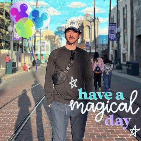 a man walking down a street with the words have a magical day