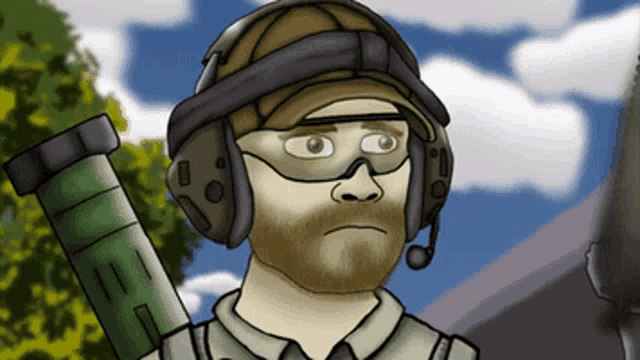 a man wearing a helmet and goggles holds a green object