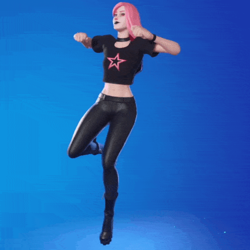 a girl with pink hair is wearing a black crop top with a pink star on it