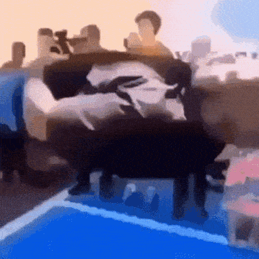 a group of people are sitting on a couch in front of a pool