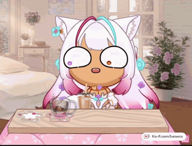 a cartoon character is sitting at a table with a ko-fi.com/banena icon in the corner
