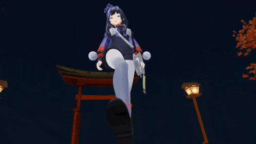a video game character is standing on a red torii gate