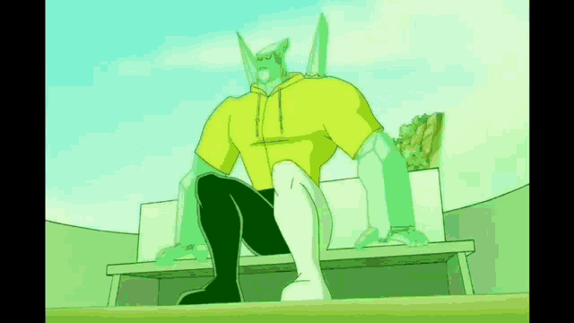 a cartoon character is sitting on a bench with his legs crossed
