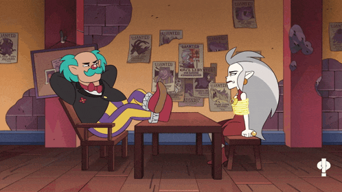 two cartoon characters sit at a table with wanted posters on the wall