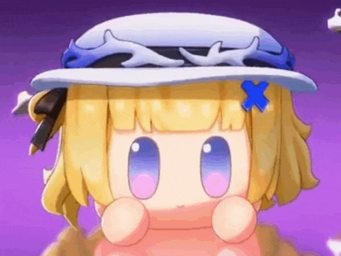 a close up of a cartoon character wearing a hat with a blue star on it .