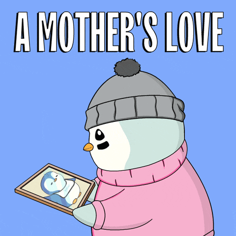 a snowman holding a picture of a penguin with the words a mother 's love