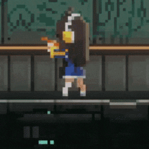a pixel art of a girl with headphones on