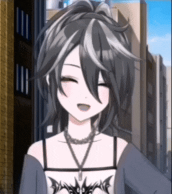 a girl with black and white hair is smiling and wearing a necklace with a dragon on it