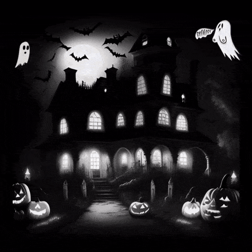 a black and white drawing of a haunted house with ghosts and bats