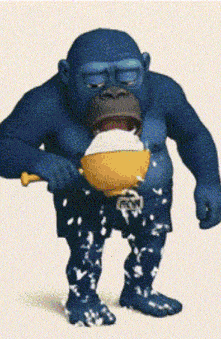 a blue gorilla is holding a bowl of cereal in his mouth