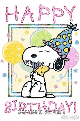 snoopy is wearing a party hat and holding an ice cream cone .