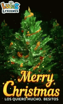 a merry christmas greeting card with a christmas tree in the background