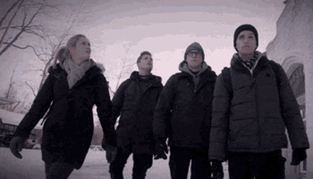 a group of people are walking down a snowy street