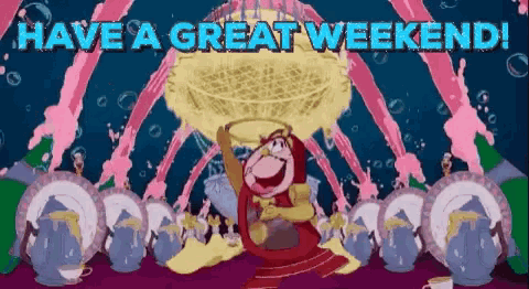 a cartoon says have a great weekend in blue