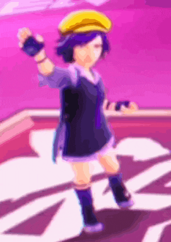 a blurry picture of a girl wearing a yellow hat and gloves