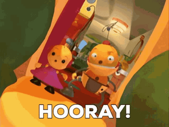 a cartoon of a robot and a girl with the words hooray in white letters