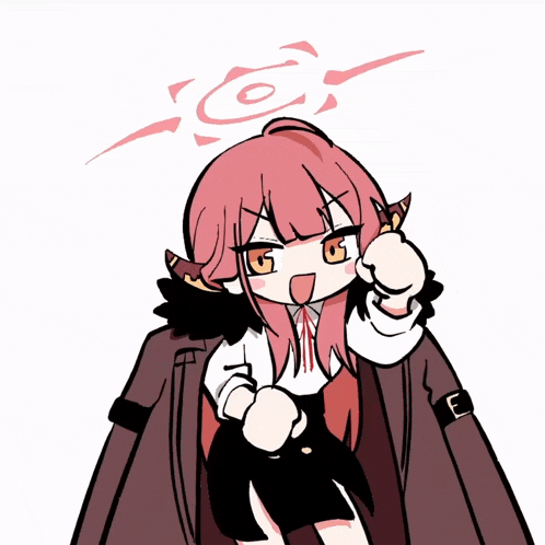 a cartoon drawing of a girl with pink hair and horns
