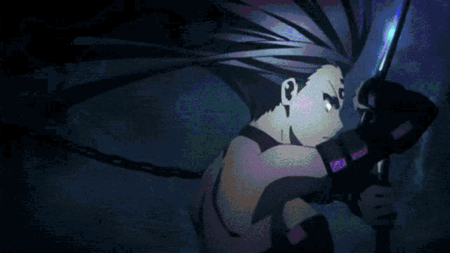 a man with purple hair is holding a sword