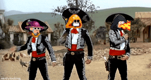 three men in mariachi outfits are standing in a desert with a caption that says " nerdy looking "