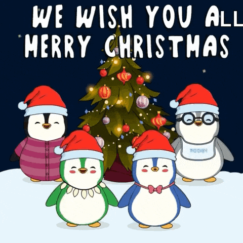 a group of penguins standing in front of a christmas tree with the words we wish you all merry christmas above them