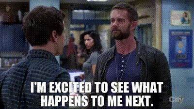 two men are standing next to each other and one of them says i 'm excited to see what happens to me next