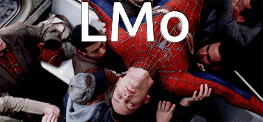 a man in a spiderman suit is laying on his back with the word lmo written above him