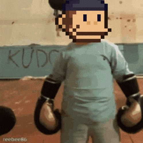 a pixelated monkey wearing boxing gloves stands in front of a blue board that says kudo