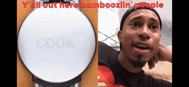 a picture of a waffle iron next to a man with the words " y'all out here bamboozin ' people "