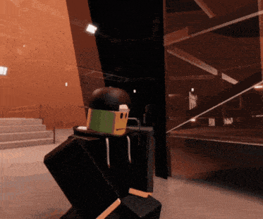 a cartoon character with a smiley face on his face is standing in a dark room
