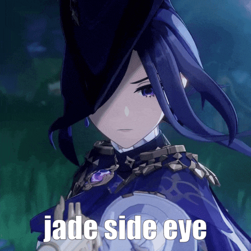 a close up of a cartoon character with the words jade side eye on it