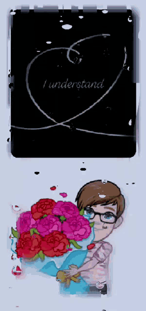 a drawing of a boy holding a bouquet of flowers with the words " i understand " in the background