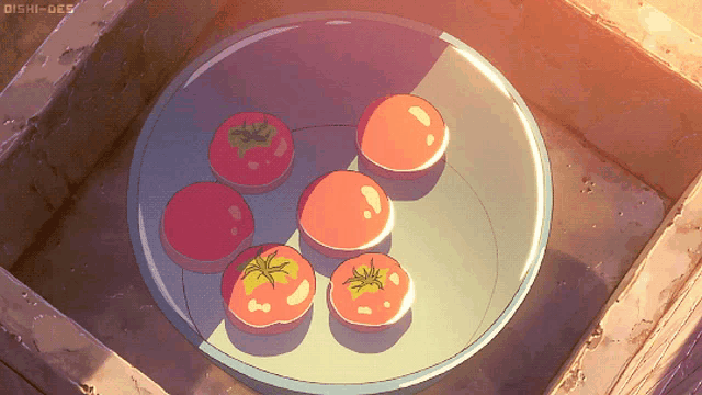 a bowl of tomatoes sits on a table with the hashtag dishi-des