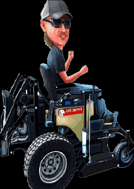 a caricature of a man sitting on a duke chopper lawn mower