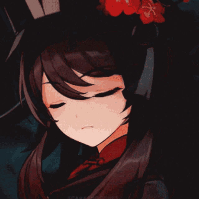 a close up of a girl with red eyes