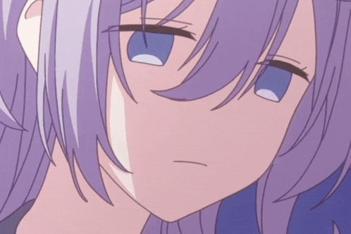 a drawing of a girl with purple hair and blue eyes