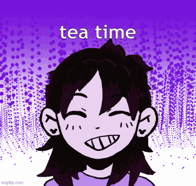 a drawing of a girl with a purple background and the words tea time above her