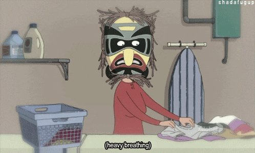 a cartoon of a woman with a mask on her head that says heavy breathing