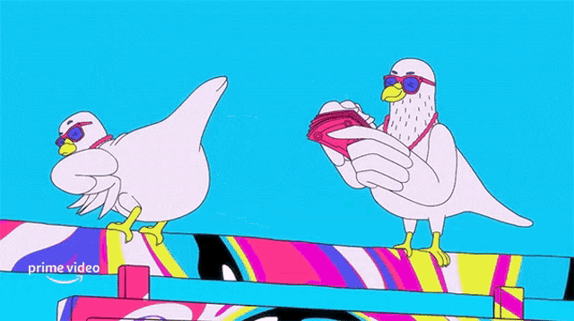 a cartoon of a pigeon holding a stack of money and another pigeon holding a stack of money .