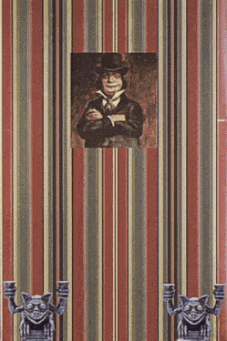 a striped wallpaper with a picture of a man in a top hat and gargoyles holding candles