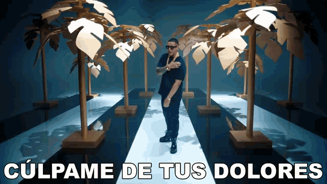 a man is standing in front of palm trees and the words culpame de tus dolores are above him