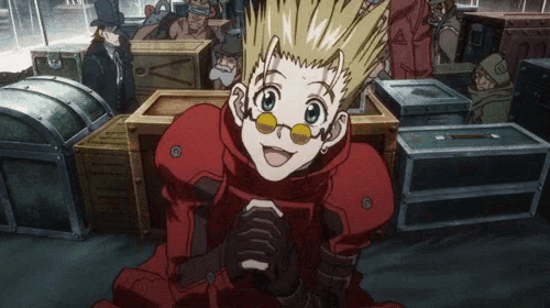a cartoon character with glasses and a red jacket is sitting in front of crates